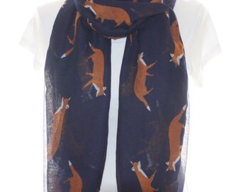 Fox printed navy shawl, Beach Wrap, Cowl Scarf, fox print scarf, cotton scarf, gifts for her