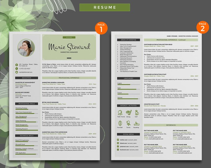 Creative Resume Template Instant Download, 3 Pages Word Resume Design and Cover Letter, Modern Resume in 2 Colors and 2 Cover Letter Designs