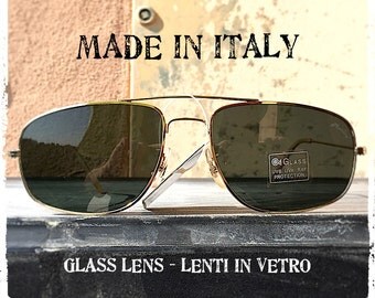 Occhiali da sole uomo pilot aviator rettangolari metallo oro lente vetro sunglasses man rectangular pilot aviator glass lens Made in Italy