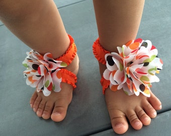 Bow-nita Baby Orange Frilly Stretchy Ribbon, Black/Green/Orange Polka Dot Bow, Baby Barefoot Sandals, Baby Footless Sandals