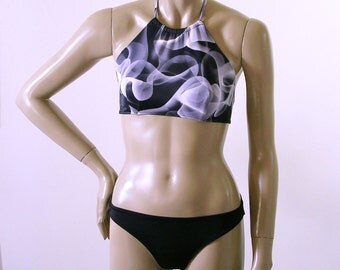 High Neck Bikini Top and Full Coverage Bikini Bottom in Black White and Grey Blackwater Print in S.M.L.XL.