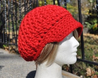 Red Newsboy Crochet Hat in Wool / Acrylic Blend - Red Hat - Woman's Hat with Brim - Chunky Knits - Ready to Ship