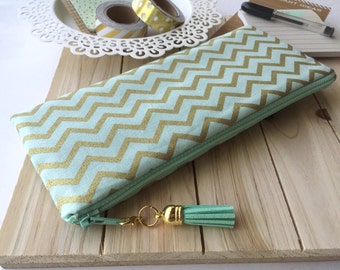 Mint and Gold Chevron - mint pencil case, gold planner pouch, cute pencil bag, tassel charm , mint planner accessories , writing tools