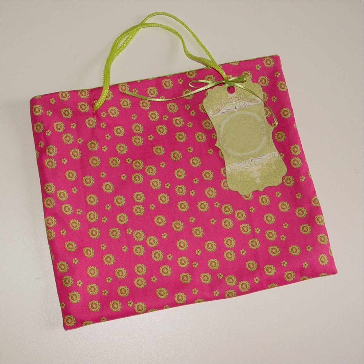 Fabric gift bag small tote hot pink & green gift wrapping