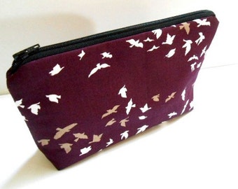 Large Padded Cosmetic Bag Flat Bottom Zipper Pouch Clutch ECO Friendly NEW Plum Winged Birds