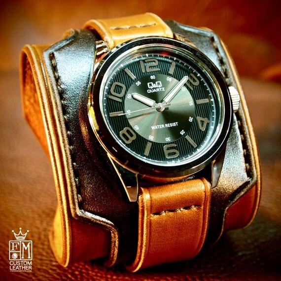 Leather cuff watch Vintage 2 tone Brown style watch cuff Wide layered Refined quality Wristwatch Handmade for YOU in NYC by Freddie Matara!