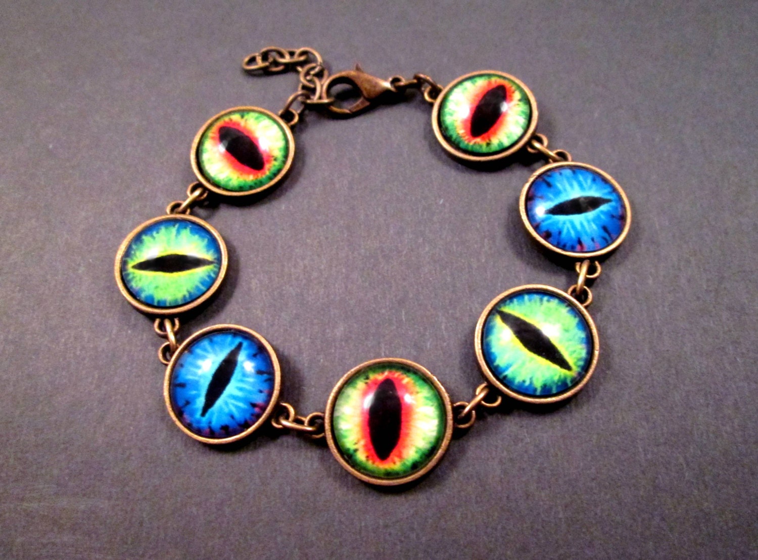 Colorful EYEBALL Bracelet Blue Green and Brass Beaded