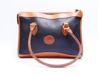 Vintage Dooney and Bourke Handbag // Navy Blue with Brown Leather // Medium Bag