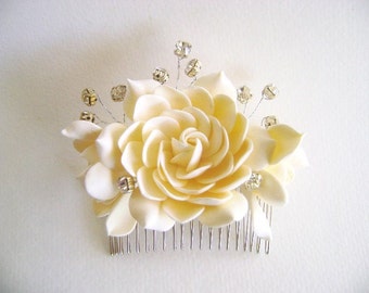Dark Ivory Champagne Gardenia hair Comb Bridal Hair Accessories Wedding Hair Fascinator Bridal Hair Flower
