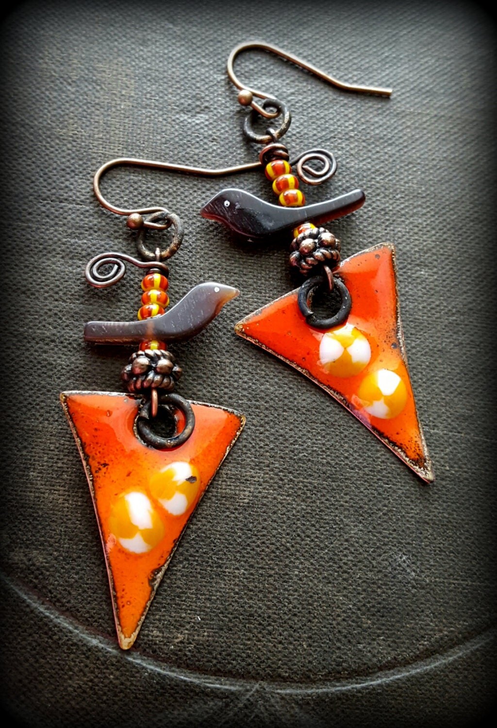 Enameled Copper Earrings Enameled Beads Birds Carved Beads
