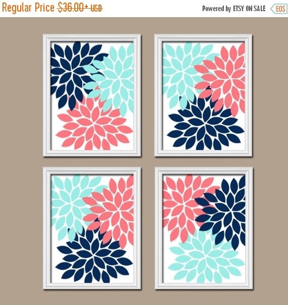 Coral Navy Aqua Wall Art Canvas or Prints Bathroom by TRMdesign