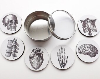 Anatomy Coasters teacher medical student hostess gifts party favors skull brain anatomical heart black and white minimalist home decor goth