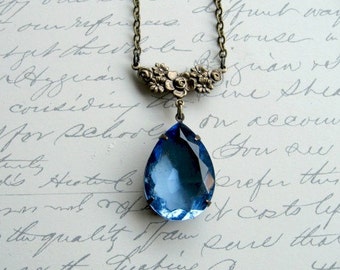 Blue Crystal Pendant Necklace Vintage Inspired faceted jewel necklace