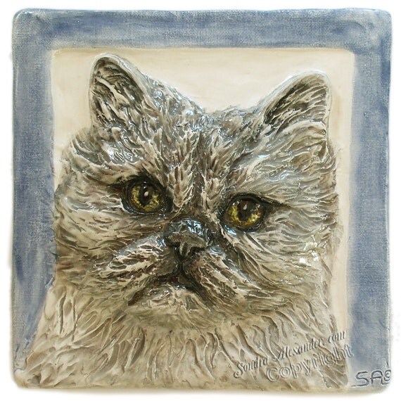  Persian  Cat  Tile CERAMIC Portrait Sculpture 3d  Art  Tile Plaque