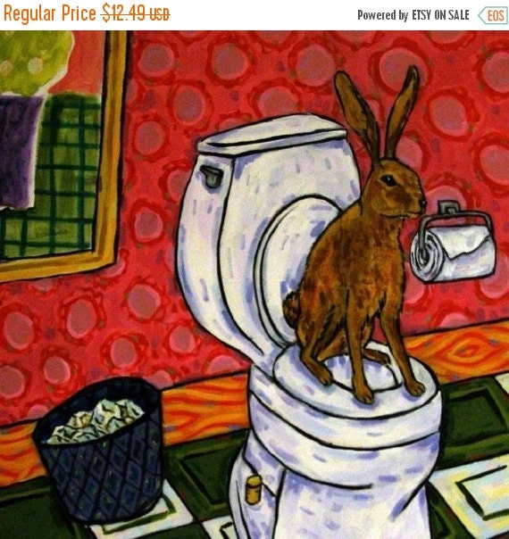 Bunny in the Bathroom Rabbit Art Tile Coaster by SCHMETZPETZ