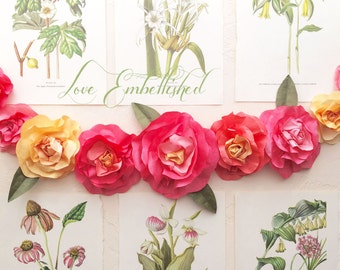 Vibrant Rose Festoon 3 Foot Tropical Summer Sorbet Paper Flower Rose Garland - Home Decor - Boho - Wedding Decor Birthday Decorations