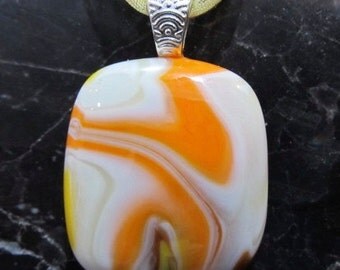 Fused Glass Pendant with ribbon necklace: Orange Glow Swirl