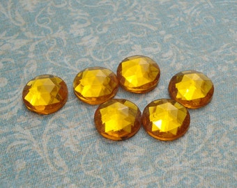 6 Vintage 13mm Topaz Rauten Rose Czech Gold Foiled Flat Back Faceted Glass Cabs