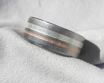 Titanium, Silver and Copper Inlay Ring, Wedding Band, Frosted