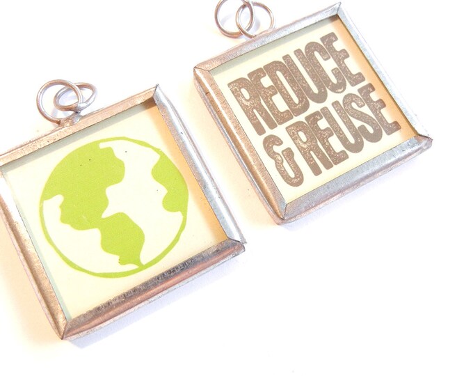 1 Pendant: Reduce & Reuse with Earth Image Charm in Metal Frame Under Glass Recycle