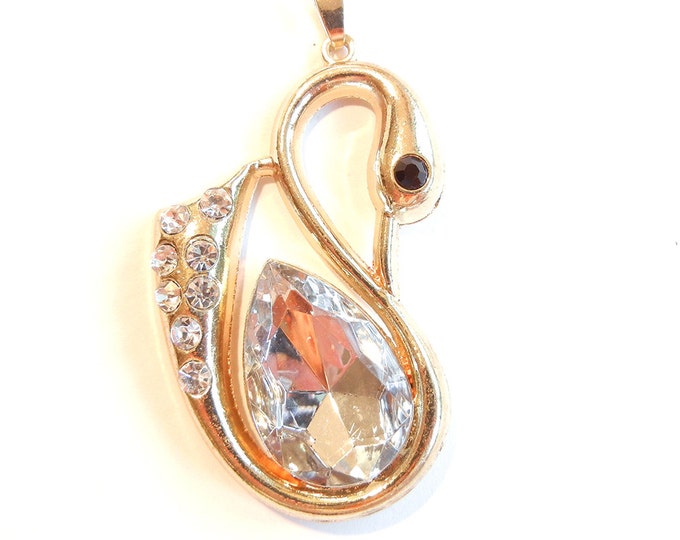 Large Gold-tone Swan Pendant with Rhinestones and Clear Acrylic Faceted Gem