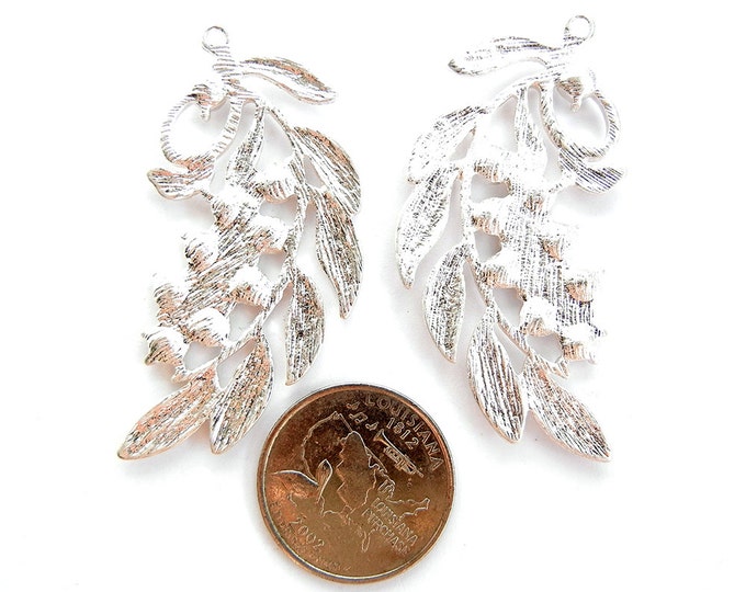 Pair of Bright Silver-tone Leaf Drops Charms Rhinestone Accented