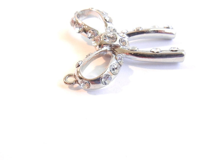 Silver-tone Rhinestone Bow Ribbon Charm Pendant