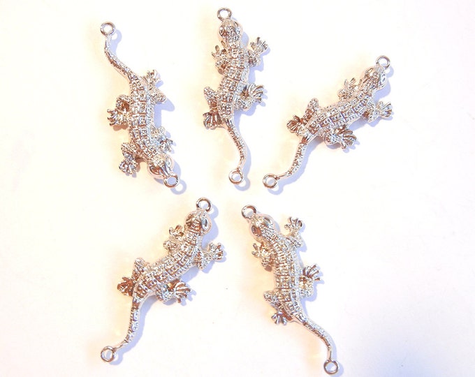 5 Silver-tone Double Link Lizard Charm Pendants Textured