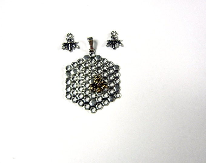 Set of Two-tone Honeycomb and Bee Pendant and Charms