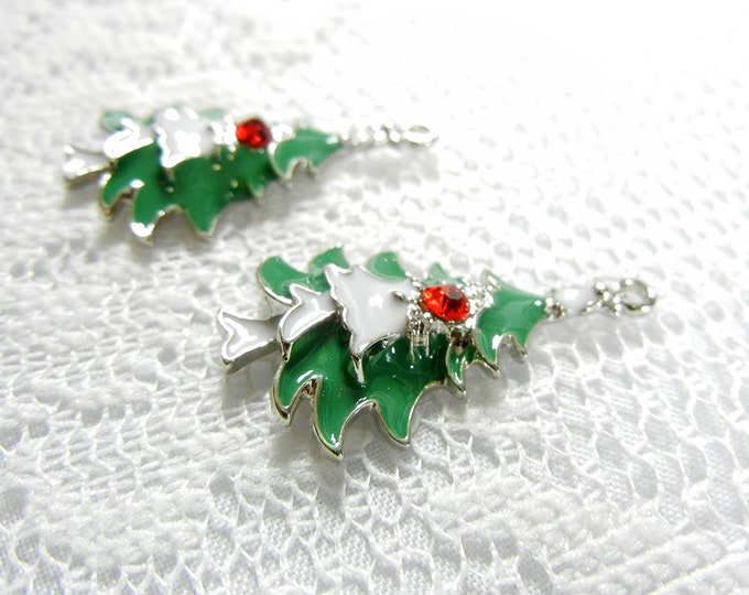 Pair of Christmas Tree Charms Green and White Epoxy Red Rhinestone