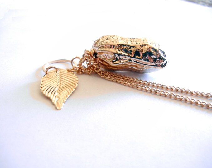 Dimensional Peanut Pendant Gold-tone with Leaf