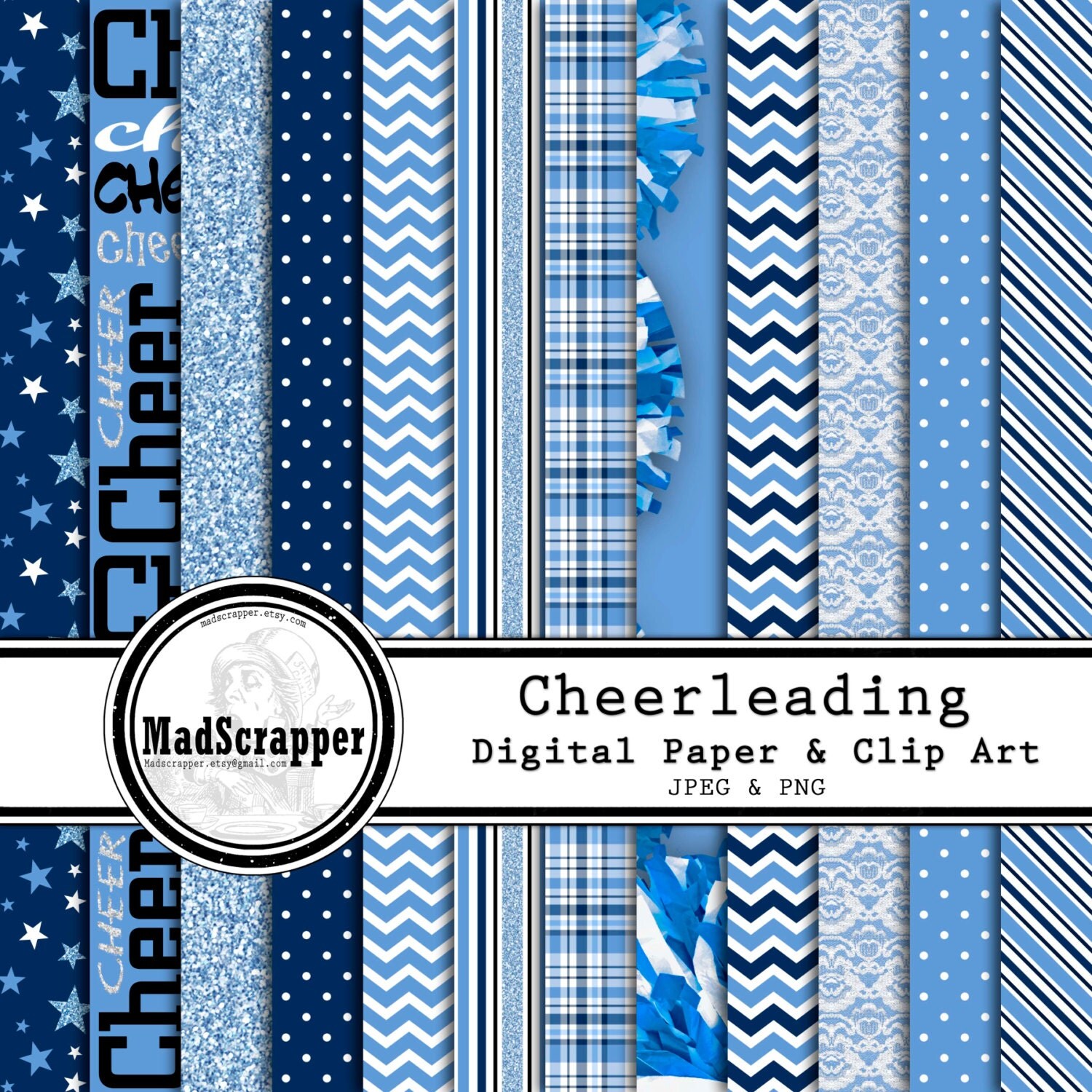 Digital Scrapbook Paper Cheerleading Blue and White 12