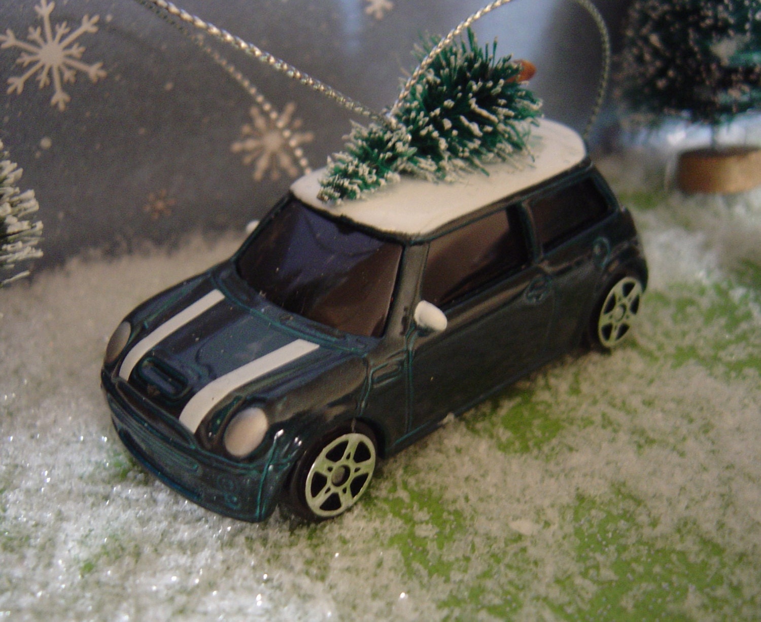 mini cooper car with christmas tree ornament mini cooper car with christmas tree ornament