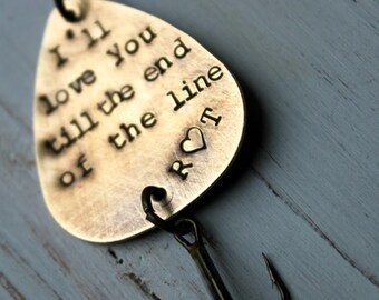 FREE SHIPPING valentine- Personalized Handstamped Brass Fishing Lure. Customized for you! Perfect Stocking Stuffer for Dad or Grandfather!