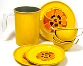 Groovy 1970s Toy Tea Set, 10 piece set. Harvest gold with orange flowers, Suny trio, tea for 3.