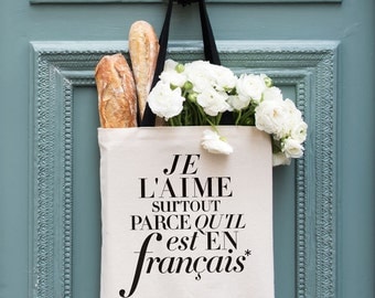 French Tote Bag, "L'aime" Funny Canvas Tote Bag, Fashion Girlfriend Gift for Her, Minimalist Typography, Modern Shopping Bag with Pockets