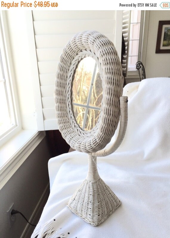 Vintage White wicker Vanity Mirror Oval Pedestal Swivel