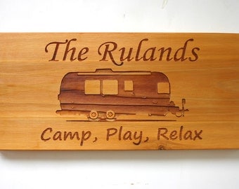 Airstream Trailer Camping Custom Engraved Cedar Sign Laser Engraved Wood Family Sign Personalized Trailer Sign