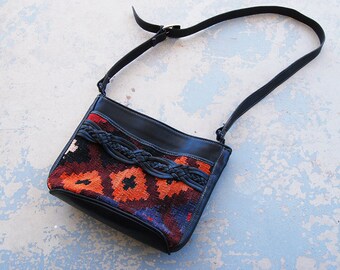 vintage 80s Kilim Purse - 1980s Ethnic Tapestry and Black Leather Shouder Bag