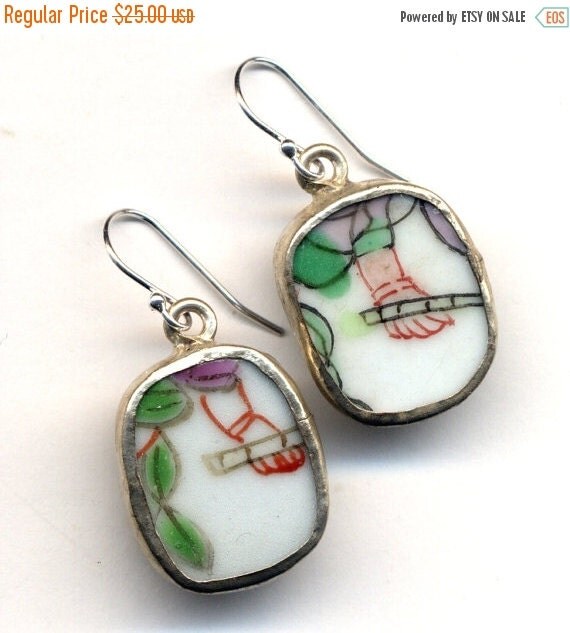 ON SALE Antique Pottery Earrings in Green and Purple by Annaart72