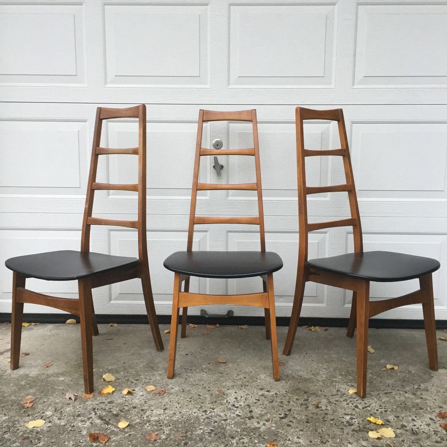 Set of Three Mid Century Modern Ladderback Chairs with Black Vinyl