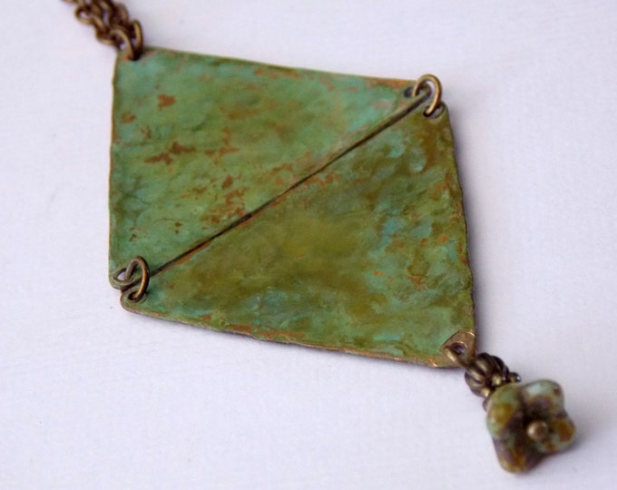 Triangle Necklace Rustic Brass Patina Greens Golds Turquoise Boho Jewelry Textured Hammered Triangles Geometric Jewelry