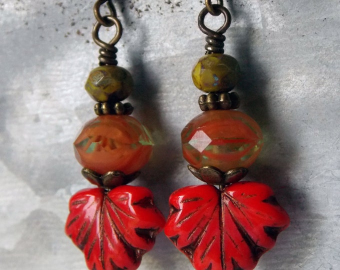 Leaf Earrings Czech Glass Earrings Maple Leaf Rustic Earrings Picasso Red Bittersweet Orange Jewelry Earthy Woodland Autumn Gift Earrings