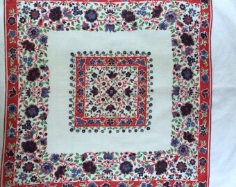 Vintage Red White and Blue Handkerchief with Blue Flowers