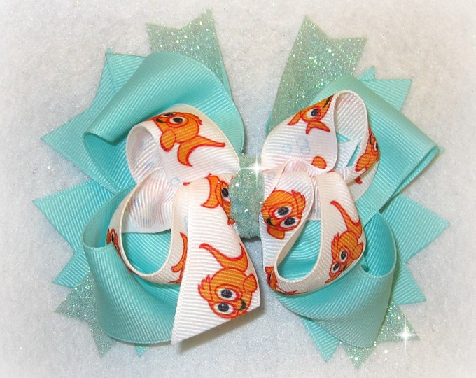 Nemo Hair Bow, Nemo Hairbows, Dory Bow, Aqua Blue Hairbow, Goldfish Clown Fish Bows, Large Boutique Hair Bow, Blue Dory Hair Bow, Baby Bows