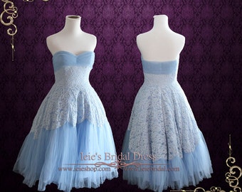 Retro 50s Blue Tea Length Prom Dress, Short Homecoming Dress, Sweet Sixteen Dress | Gabby