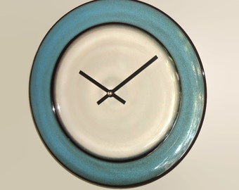 11 Inch SILENT Tan and Teal Wall Clock, Stoneware Plate Clock, Kitchen Clock, Unique Wall Clock, Kitchen Decor - 2270