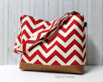 READY To SHIP - Flash SALE - Red Chevron with Vegan Leather - Messenger Tote Bag / Diaper Bag - Medium / Large Bag