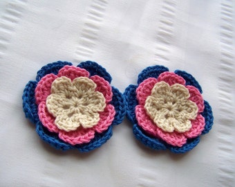 Flower crochet motif 2.5 inch cotton pink off white blue