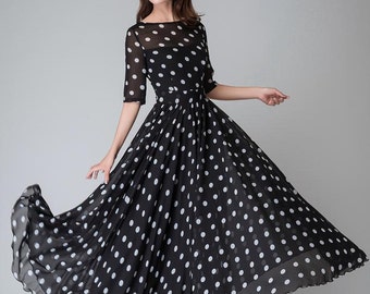 polka dot dress, prom dress, Black white dress, Chiffon dress, Women dresses, maxi dress, maxi dress with sleeves, boat neck dress (1534)